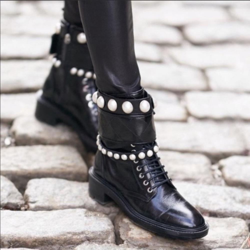 NWT Zara Black Pearl Studded Combat Boots